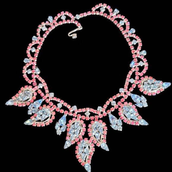 Stunning Vintage Blue & Pink Rhinestone Collar Bib Choker Necklace & Earring Set - Picture 8 of 13